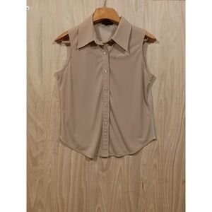 Western Ethics Beige Sleeveless Button Tank Top Rhinestone Sheer Mesh Back S XL.